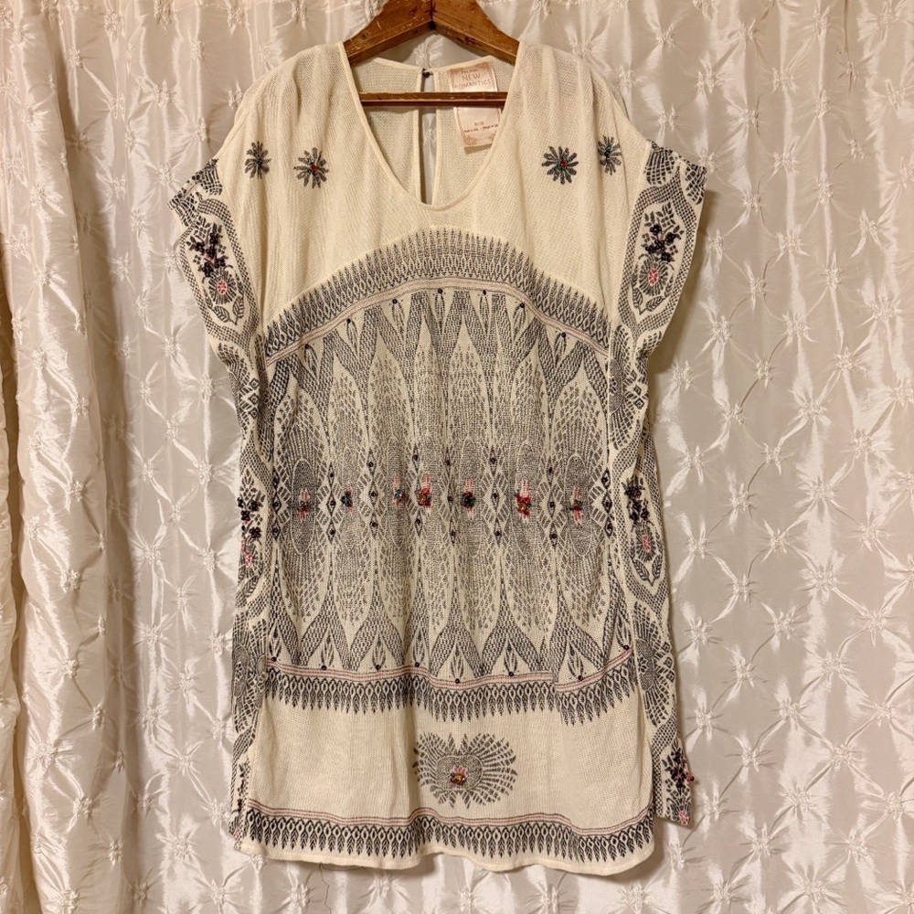 Free People Cream Embroidered Tunic with Black and Red Accents